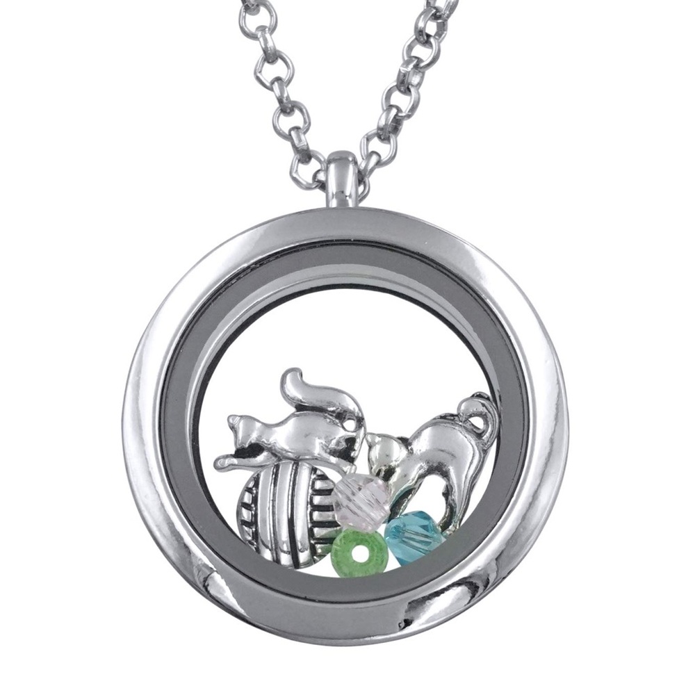 Kitty Cat Charm Locket Long Silver Necklace